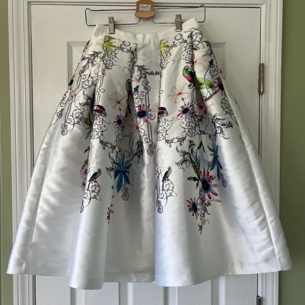 Ted Baker White Floral Petale Passion Flower Full Midi Skirt Size 1 - Picture 3 of 15